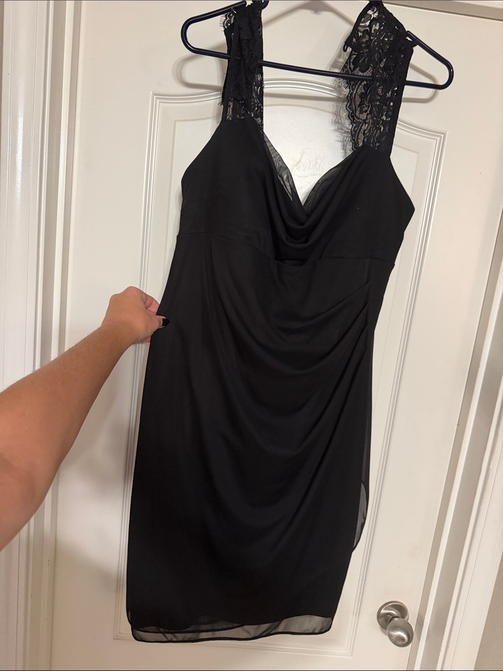 Black Lace-Shoulder Cowl Neck Women's Dress